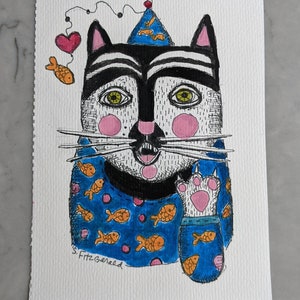 5x7&quot; ORIGINAL ART illustration pen ink watercolor cat quirky  funny paper 5x7