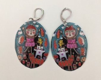 ART EARRINGS from painting oval fun quirky people cats french hook stainless steel birthday gift