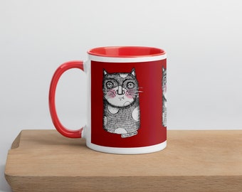 Mug cat art illustration unisex fun red office gift birthday valentine quirky home