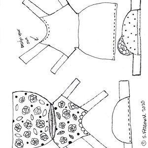 May include: A printable paper doll pattern for a dress with a floral print and a matching hat. The pattern includes instructions for assembling the doll and its clothing.