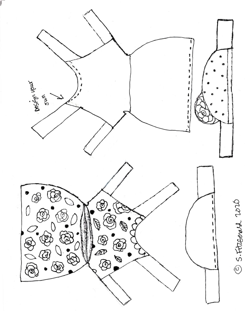 May include: A printable paper doll pattern for a dress with a floral print and a matching hat. The pattern includes instructions for assembling the doll and its clothing.