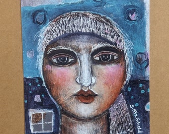 Print painting woman expressive windows metaphor face unframed