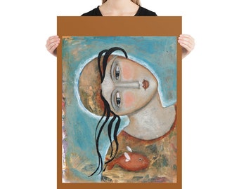 24"x36" poster woman modern folk art décor housewarming gift wall home ocean fish mystery woman