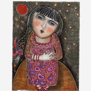 professional high quality giclee Print mixed media painting mystical ethereal friend gift portrait love woman stars sky moon