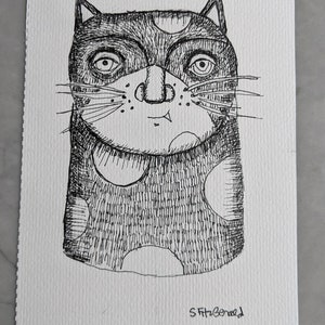 5x7&quot; ORIGINAL ART illustration pen ink watercolor cat quirky  funny paper 5x7