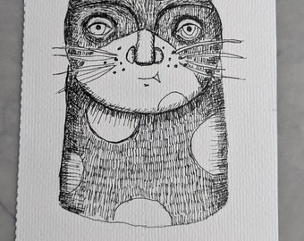 5x7" ORIGINAL ART illustration pen ink watercolor cat quirky  funny paper 5x7