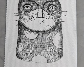 気まぐれな猫のアートイラスト、面白い風変わりなインク画、5x7インチ