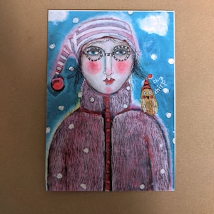GRAND AUTOCOLLANT 2,5 x 3,5 cm décorer scrapbooking journal collage insérer cadeau d'amitié fille colorée femme hiver neige oiseau froid laine confortable