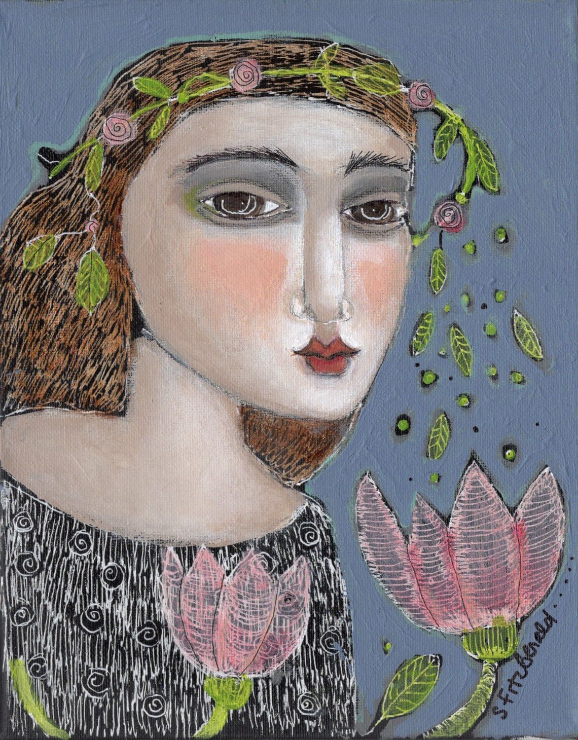 Original 8x10 stretched canvas mixed media woman modern folk Etsy
