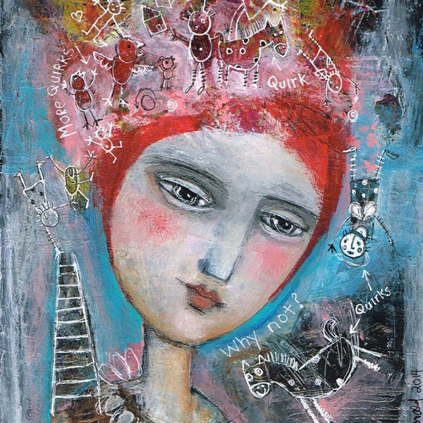 professional high quality giclee Mixed Media Painting Print Modern Folk Quirky Daydream