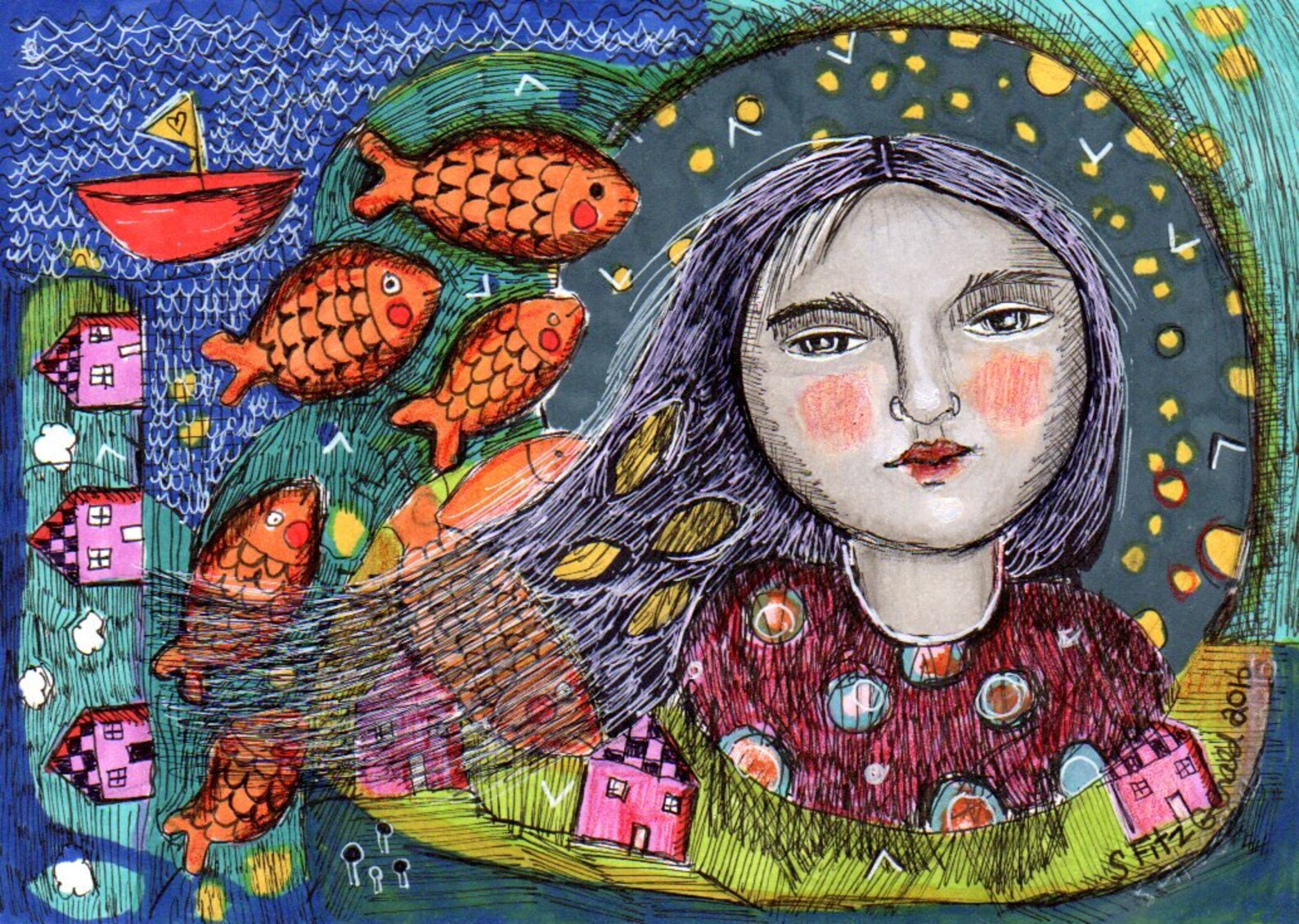 Aceo Print Artist Trading Card Collect Colorful Ocean Girl Etsy Canada