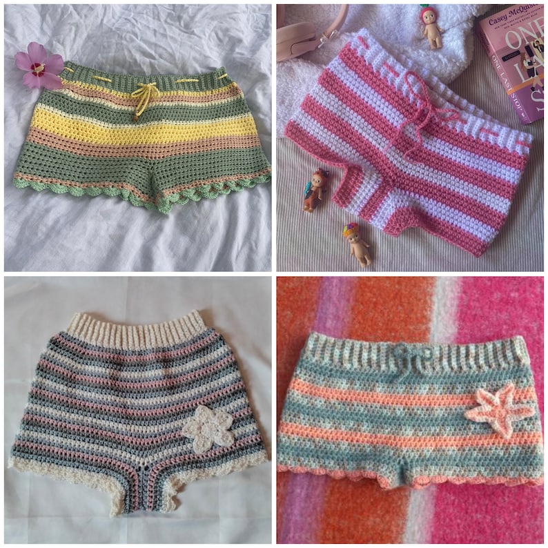 May include: Four pairs of crocheted shorts in different colour combinations. The shorts are striped and have a scalloped edge. Some of the shorts have a crocheted flower embellishment.