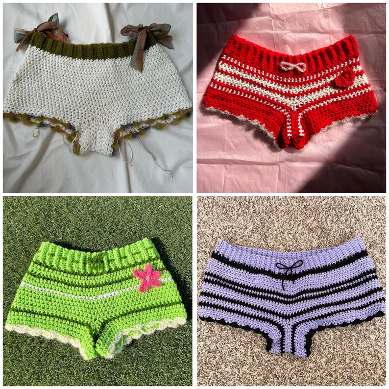 May include: Four pairs of crocheted shorts in different colours and patterns. The shorts are white with green trim, red with white stripes, green with white stripes, and purple with black stripes.