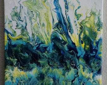 Peinture fluide 12 x 12 sur toile tendue, abstrait bleu, vert