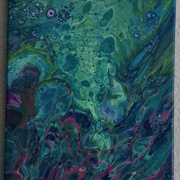 11x14" Abstract Acrylic Pour Painting, Teal, Blue, Pink on Stretched Canvas