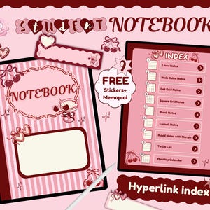 Cherry Coquette Digital Student Notebook | Hyperlinked GoodNotes Notebook | 9 Note Templates + FREE Alphabet Stickers & Memo Pad