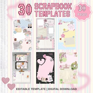 Puede incluir: Una colección digital de 30 plantillas de álbumes de recortes y 30 páginas con varios diseños en colores pastel, texto pixelado, formas de corazón y elementos decorativos. El diseño incluye secciones editables, texturas y pegatinas.