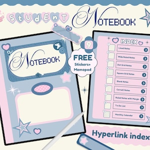 May include: A digital student notebook with a light blue and pink color scheme, featuring a cover with the text "STUDENT NOTEBOOK" and an index page listing options like Lined Notes, Dot Grid Notes, and a Monthly Calendar. Includes a stylus.