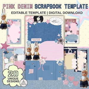 Puede incluir: Un conjunto de plantillas de álbum de recortes digital titulado PINK DENIM SCRAPBOOK TEMPLATE con 20 diseños únicos. Los diseños incluyen texturas de mezclilla rosa y azul, formas de estrellas, iconos de corazones y figuras de conejos de dibujos.
