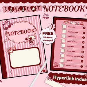 May include: A digital student notebook with a pink striped cover featuring cherry illustrations and the text NOTEBOOK. The interface includes an index page with nine sections including lined, grid, and Cornell notes, plus a stylus and free stickers.
