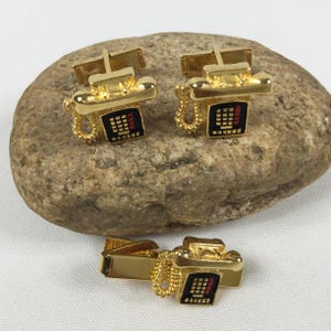 Vintage Telephone Tie Clip & Cuff Links, Old Phone, Push Button phone, Signed Rugin, Gold Plated, Gold Gone Black Enamel