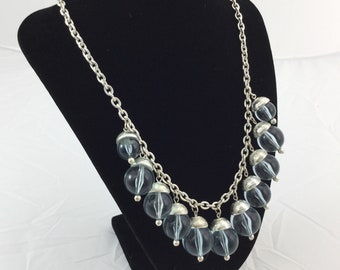 Blue Clear Beaded Bib Statement Necklace, Clear Beads on Silver Tone Cable Chain, Acrylic Beaded Necklace, Capped Beads Dangling on Chain