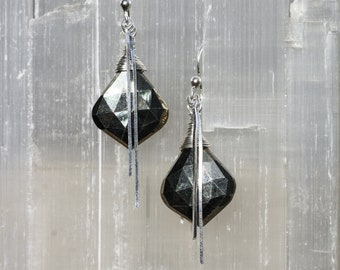 Pyrite Silver Chain Drape Earrings