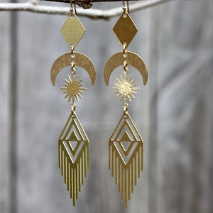 Brass Moon Sun Fringe Earrings