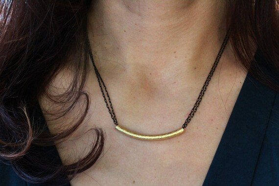 Simple Chain Set Small Gemstone Jewelry Artisan Crafted Necklace Antique Brass Curved Tube Necklace Set Casual Everyday Jewelry
