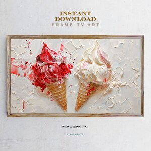 May include: Two ice cream cones, one red and one white, are painted in a realistic style on a white canvas. The cones are in a framed artwork with the text "INSTANT DOWNLOAD FRAME TV ART" and "3840 X 2160 PX 17 PINE PRINTS" at the bottom.