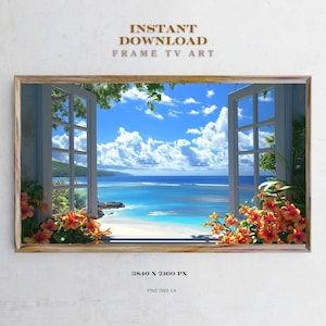 May include: A framed print of a window view with a beach scene. The window is open and the view shows a blue ocean, white sand, and a bright blue sky with white clouds. There are tropical flowers in the foreground.