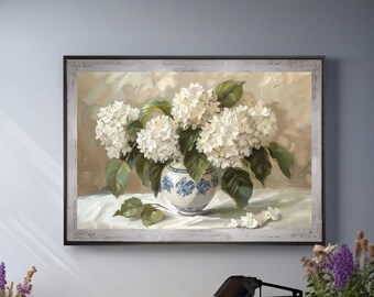 May include: A painting of a white hydrangea bouquet in a blue and white porcelain vase. The flowers are arranged in a loose, natural style and the vase is decorated with a floral pattern. The painting is set against a light brown background.