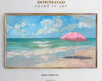 Cuadro de sombrilla de playa rosa, arte costero para TV Samsung (descarga digital)