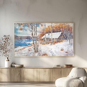 Winter Cabin Landscape Samsung Frame TV, Digital Download, Rustic Cabin Snow Scene, Wall Art for Samsung Frame TV, Winter Art Print
