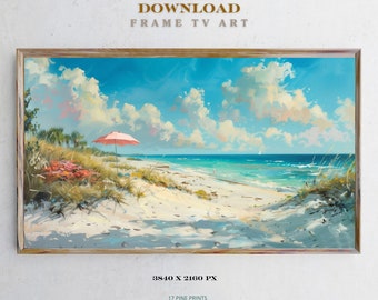 Arte para TV Samsung con sombrilla de playa rosa, pintura costera (descarga digital)