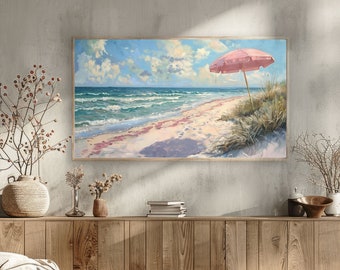 Cuadro de sombrilla de playa rosa, arte costero para TV Samsung (descarga digital)