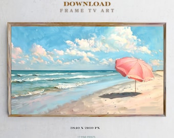 Cuadro de sombrilla de playa rosa, arte de TV con marco de verano (descarga digital)