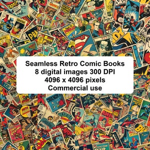 May include: A seamless pattern of retro comic book covers featuring colorful illustrations of superheroes, villains, and action scenes. The pattern is perfect for creating backgrounds, textures, or designs for projects related to comics, pop culture, or nostalgia.