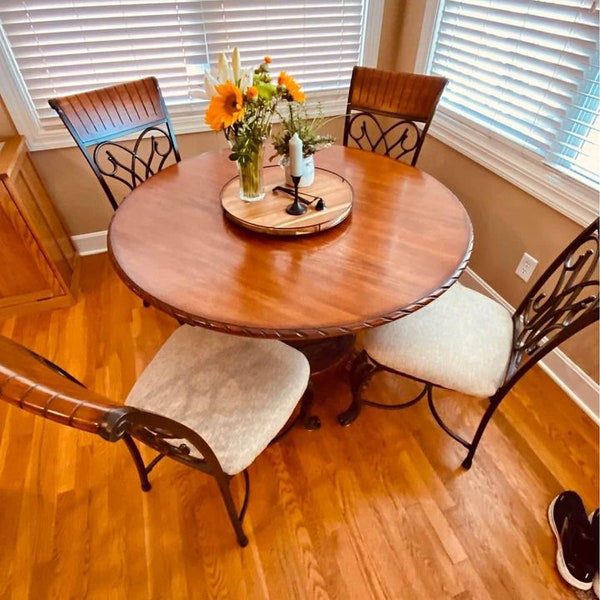 Handcrafted Dining Round Table and 4 Chairs Set - Solid Wood Kitchen Furniture