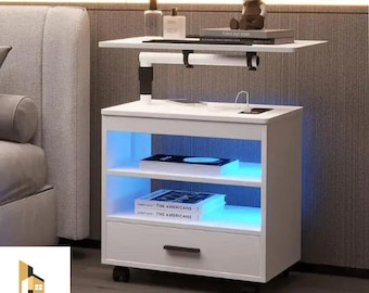 LED Bedside Table with Charging Station and Sockets, Modern Bedside Table, Large Side End Table, Laptop Workstation, Mobile Wheels