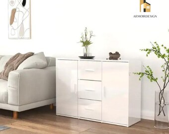 White Glossy Storage Cabinet, 91x29.5x65 cm, Ash Table for Living Room, Hallway, Kitchen, Porch