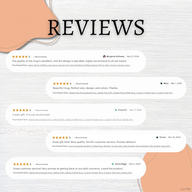 May include: Image featuring customer reviews with a five-star rating. The word "REVIEWS" is displayed in large, black text. Reviews highlight the quality, design, and prompt delivery of the product. The reviews mention mugs and gifts.