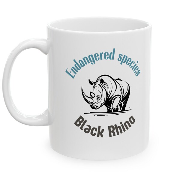 Endangered Species Mugs #5: Black Rhino -  White Ceramic Mug (11, 15 oz) - Wildlife Coffee Mug for Animal Lovers and Activists