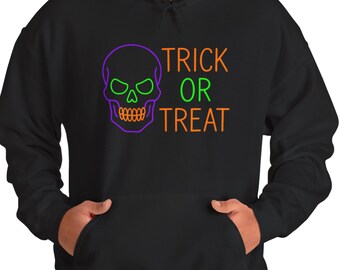 Camiseta y sudadera con capucha de esqueleto de neón de "truco o trato", camiseta de Halloween brillante