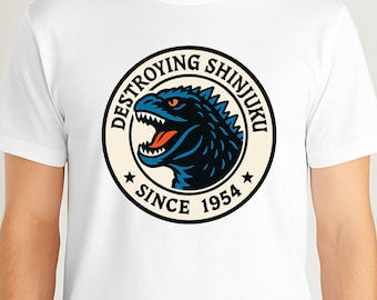 Retro Kaiju Graphic Tee: Destroying Shinjuku - Japanese Monster Movie Fan Shirt