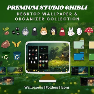 May include: A digital desktop wallpaper and organizer collection featuring characters and scenes from Studio Ghibli films. The collection includes a variety of wallpapers, folders, and icons, all with a whimsical and charming aesthetic. The image shows a computer screen displaying a wallpaper with a forest scene and fireflies, along with a selection of folders and icons.