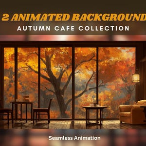 Puede incluir: Un fondo animado que presenta una escena de cafetería con una gran ventana que da a un bosque de árboles de otoño. Los árboles son una mezcla de hojas naranjas, amarillas y rojas. La cafetería tiene una mesa y sillas, y un sofá. El texto "2 ANIMATED BACKGROUND AUTUMN CAFE COLLECTION" está en la parte superior de la imagen. El texto "Seamless Animation" está en la parte inferior de la imagen.