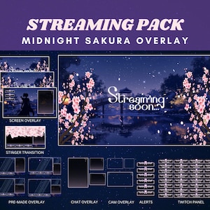 Midnight Sakura Twitch Overlay Stream Pack Cherry Blossom Twitch Animated Background Seamless Stinger Transition Pink Night Overlay