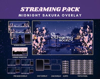 May include: A streaming pack overlay with a midnight sakura theme. The pack includes a screen overlay, stinger transition, pre-made overlay, chat overlay, cam overlay, alerts, and a Twitch panel.