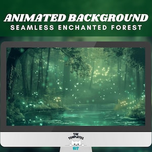 May include: Animated background featuring a lush green forest with a river flowing through it. The forest is filled with glowing lights and butterflies, creating a magical and enchanting atmosphere.